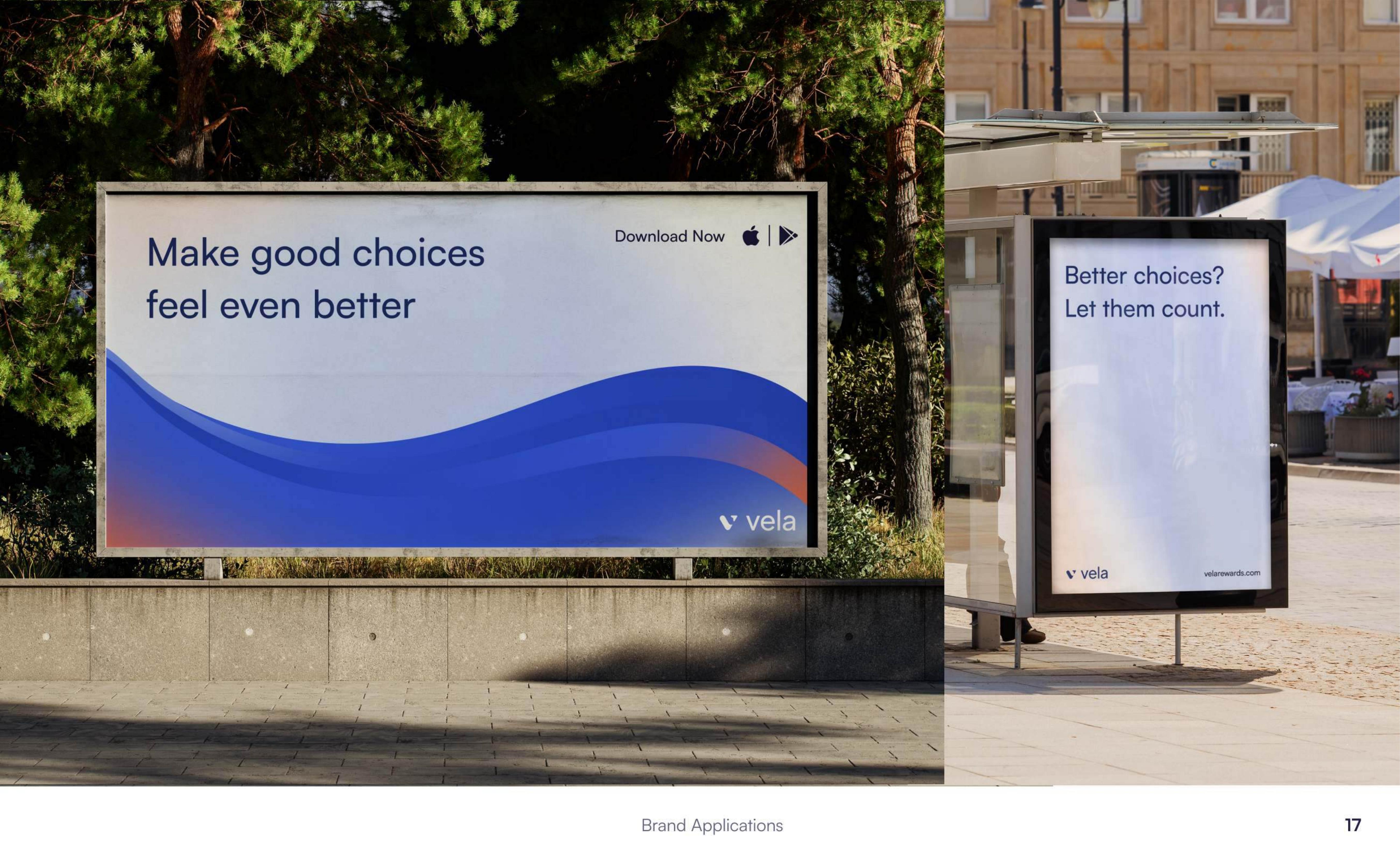 Vela billboard mockup and bus-stop poster — Make good choices feel even better